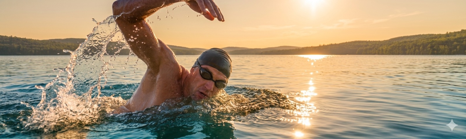 Open-water swimmer at sunrise